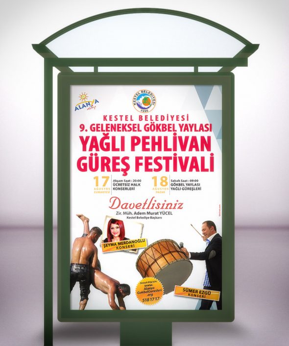 CLP Otobüs Durağı Reklam Afişi - Gökbel Yaylası Yağlı Pehlivan Güreş Festivali Alanya Kestel Belediyesi